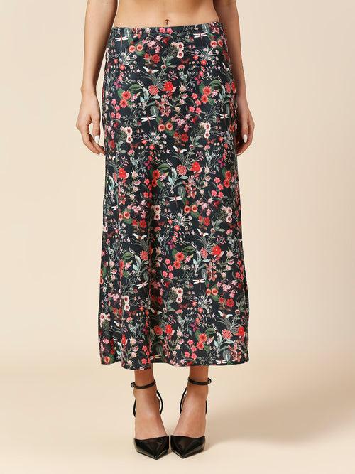 FLORAL PRINTED SATIN BIAS CUT SKIRT