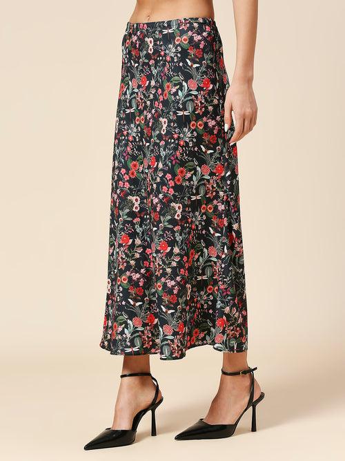 FLORAL PRINTED SATIN BIAS CUT SKIRT