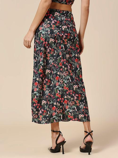 FLORAL PRINTED SATIN BIAS CUT SKIRT