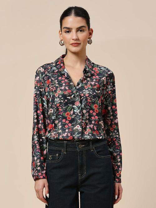 FLORAL PRINTED SATIN DRESS-UP SHIRT