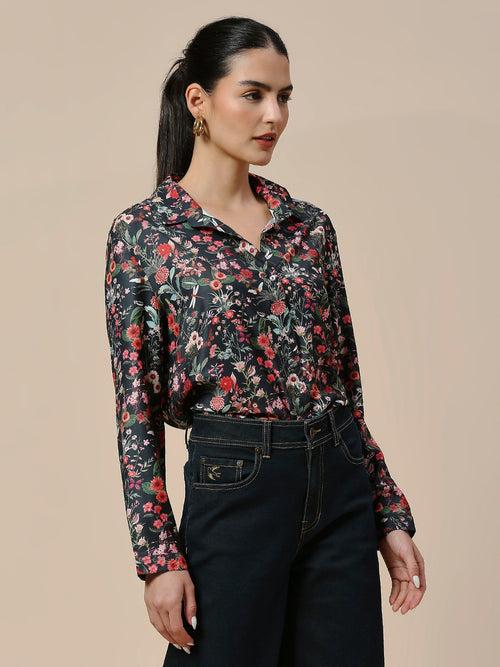 FLORAL PRINTED SATIN DRESS-UP SHIRT