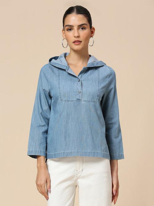 Denim Pop Over Hooded Top