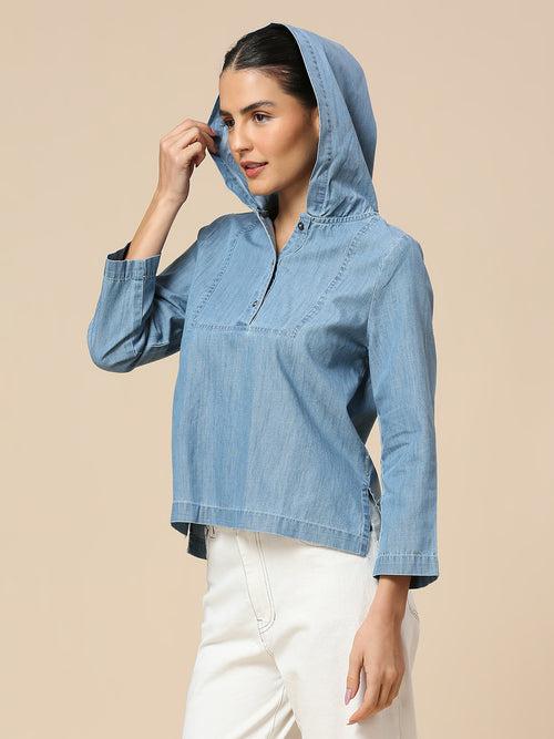 Denim Pop Over Hooded Top