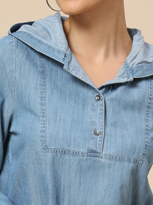 Denim Pop Over Hooded Top