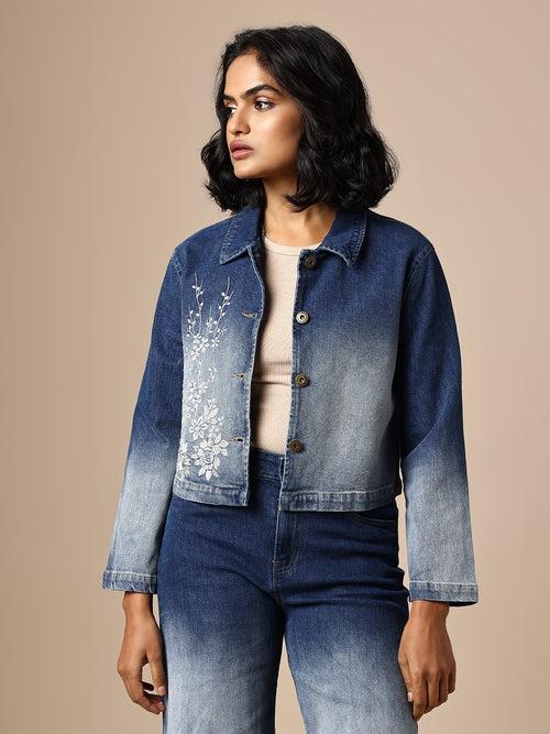 DENIM OMBRE WASH EMBROIDERED JACKET