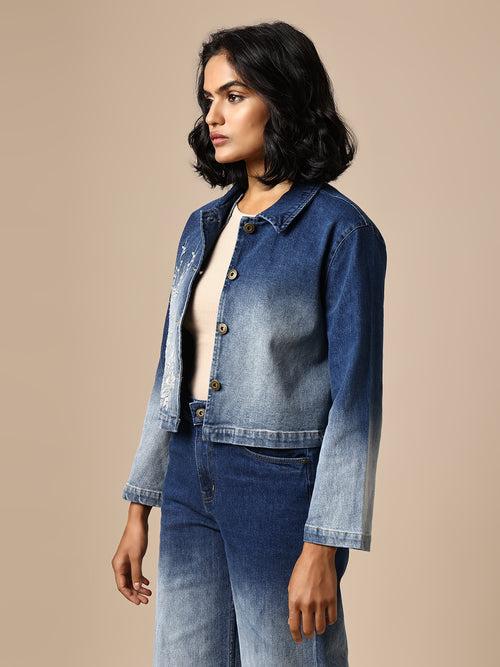 DENIM OMBRE WASH EMBROIDERED JACKET