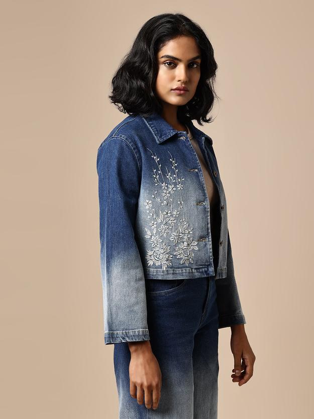 DENIM OMBRE WASH EMBROIDERED JACKET