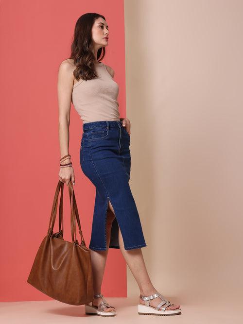 5 POCKET DENIM PENCIL SKIRT W/ SIDE SLITS