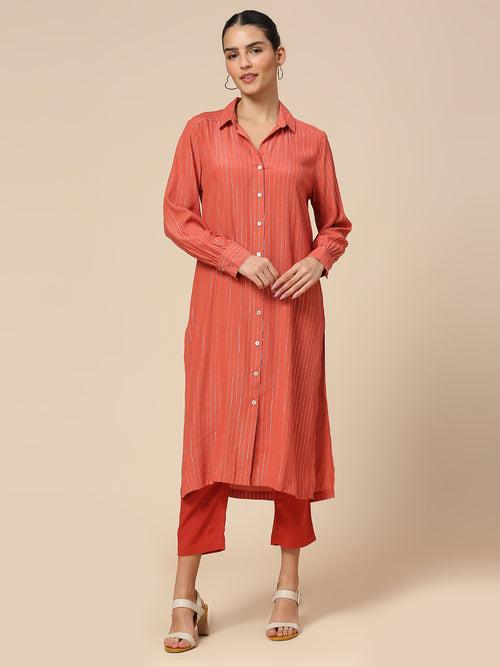 VISCOSE CREPE W/ LUREX STRIPE LONGLINE SHIRT STYLE KURTA TOP & CROPPED VISCOSE PJ SET