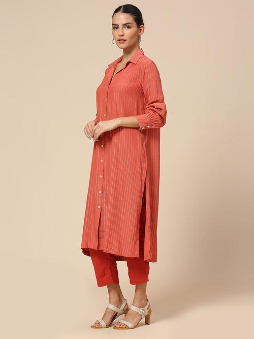 VISCOSE CREPE W/ LUREX STRIPE LONGLINE SHIRT STYLE KURTA TOP & CROPPED VISCOSE PJ SET