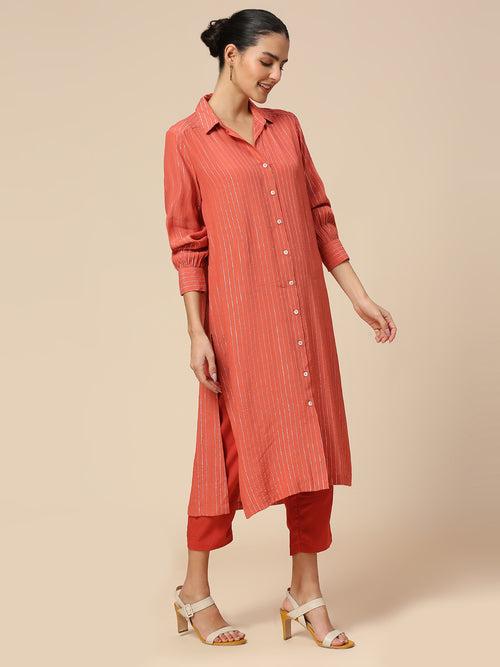 VISCOSE CREPE W/ LUREX STRIPE LONGLINE SHIRT STYLE KURTA TOP & CROPPED VISCOSE PJ SET