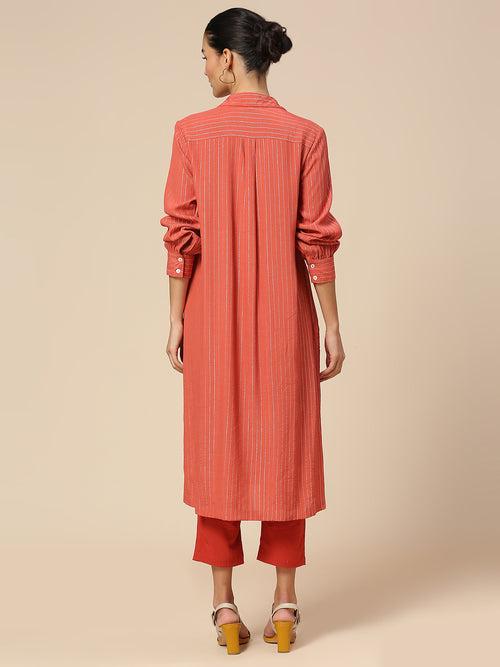 VISCOSE CREPE W/ LUREX STRIPE LONGLINE SHIRT STYLE KURTA TOP & CROPPED VISCOSE PJ SET