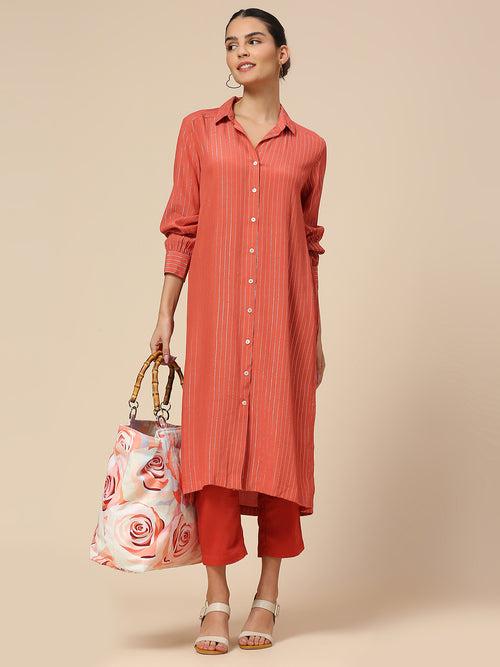 VISCOSE CREPE W/ LUREX STRIPE LONGLINE SHIRT STYLE KURTA TOP & CROPPED VISCOSE PJ SET