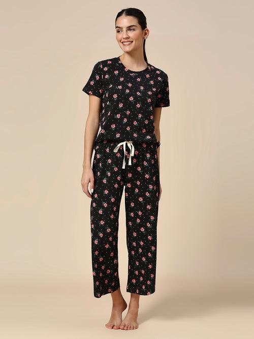 FLORAL PRINTED COTTON JERSEY ESSENTIAL LOUNGE SET