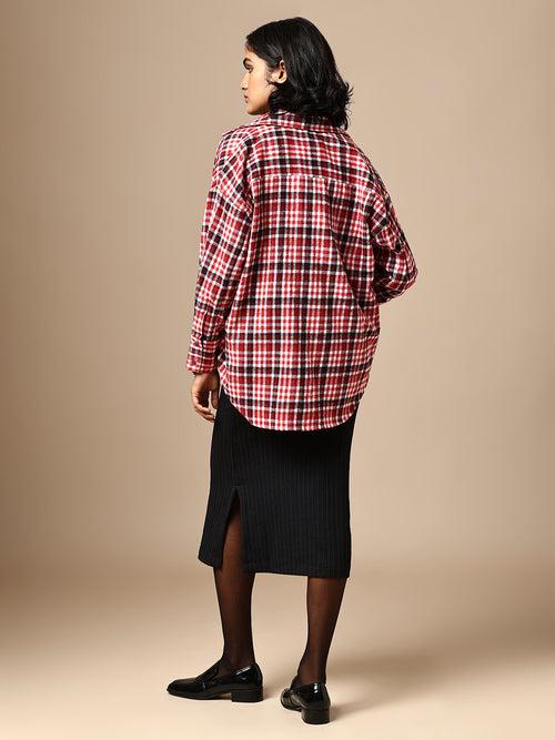 TEXTURED KNIT FITTED DRESS W/ OVERSIZED FLANNEL OVERSHIRT