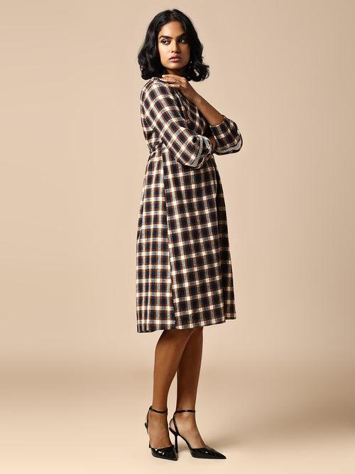 FLANNEL CHECKERED BASQUE DRESS W/ LACE INSERTS