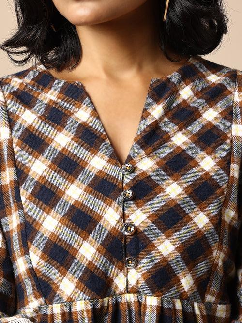 FLANNEL CHECKERED BASQUE DRESS W/ LACE INSERTS