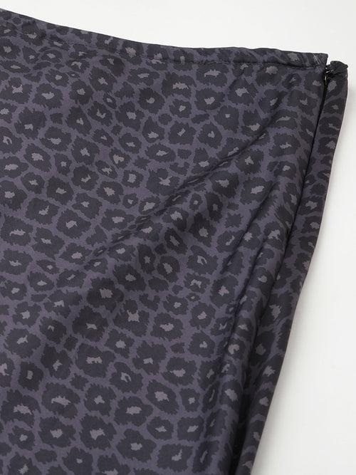 DARK LEOPARD PRINTED SATIN BIAS CUT SKIRT