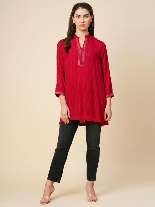 Viscose Crepe Striped Lurex Emroidered Longline Kurta