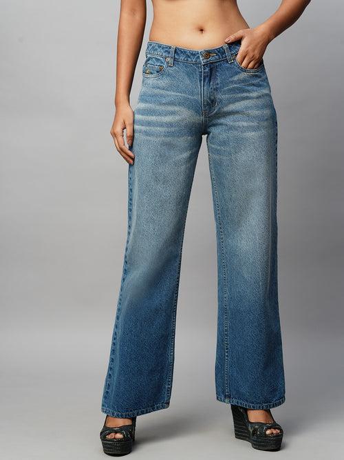 Mid Wash Denim Mid Rise Straight Leg Jeans