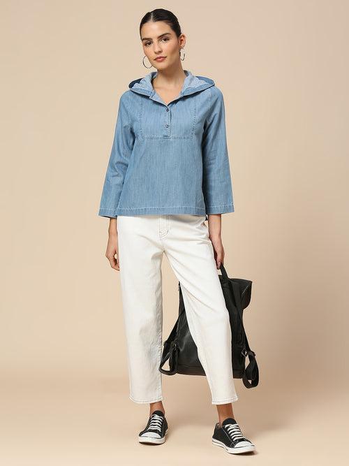 Denim Pop Over Hooded Top