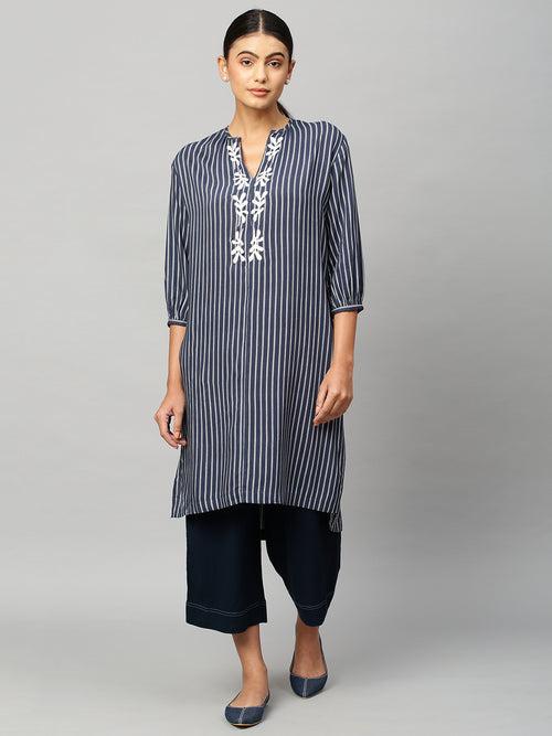 Rayon Stripe Embroidered Kurta Set