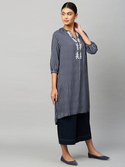 Rayon Stripe Embroidered Kurta Set