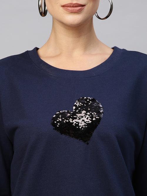 French Terry Sweatshirt With "Heart" Sequinned Embroidery