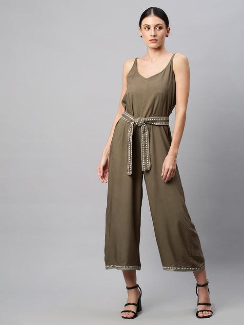 Rayon Wide Leg Jumpsuit With Embroidered Belt