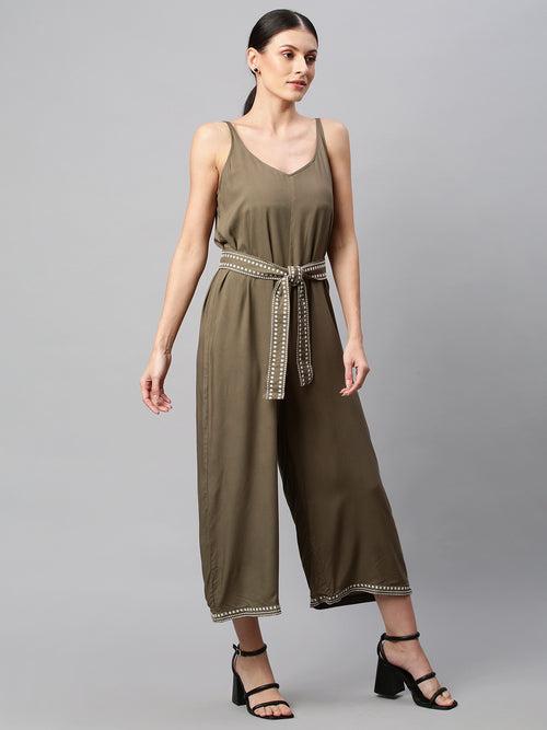 Rayon Wide Leg Jumpsuit With Embroidered Belt