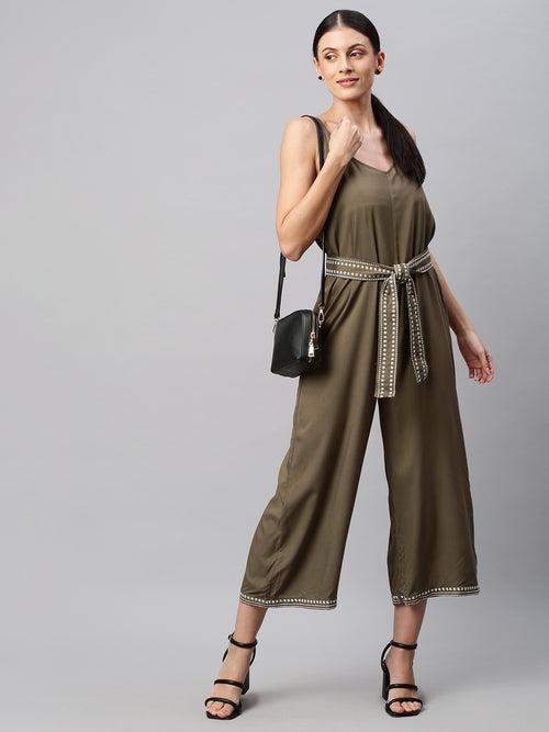 Rayon Wide Leg Jumpsuit With Embroidered Belt