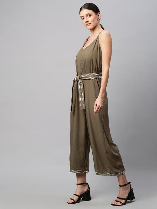 Rayon Wide Leg Jumpsuit With Embroidered Belt