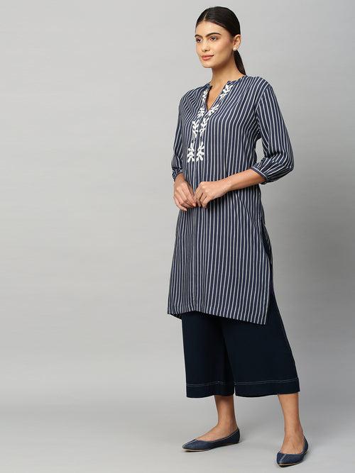 Rayon Stripe Embroidered Kurta Set