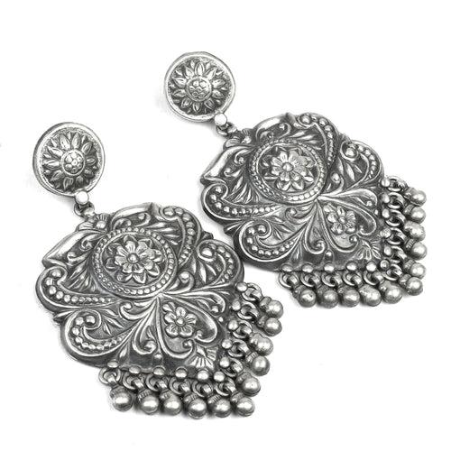 925 Sterling Silver Chitai Work Dangle Drop Earrings