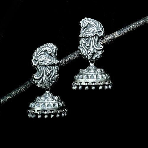 925 Silver Mughal Peacock carvings Jhumki Earrings