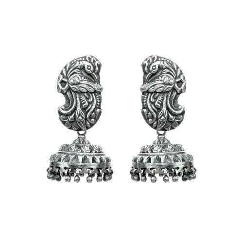 925 Silver Mughal Peacock carvings Jhumki Earrings