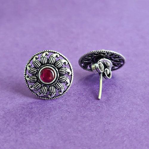 925 Sterling Silver Minimalist Flower Motif Studs Earring in Maroon Stone