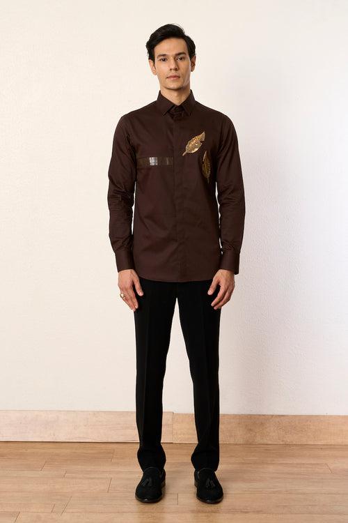 Brown Leaf Embroidered Shirt