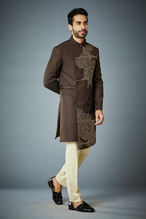 BROWN EMBROIDERED ASYMETRIC INDO SET