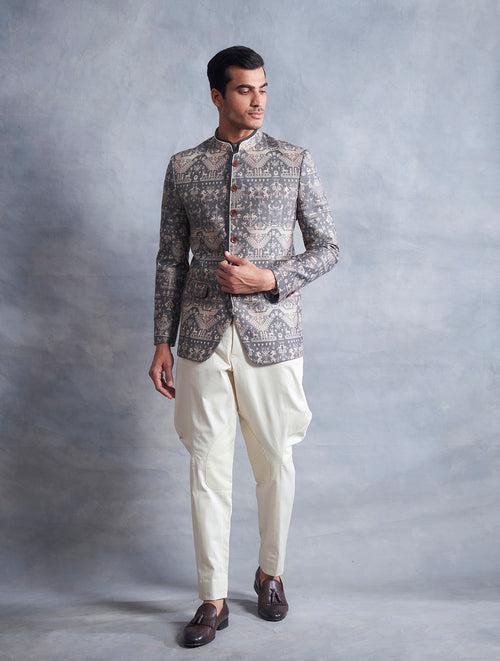 GREY PRINTED BANDHGALA SET