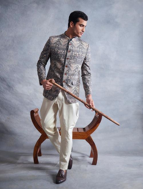 GREY PRINTED BANDHGALA SET