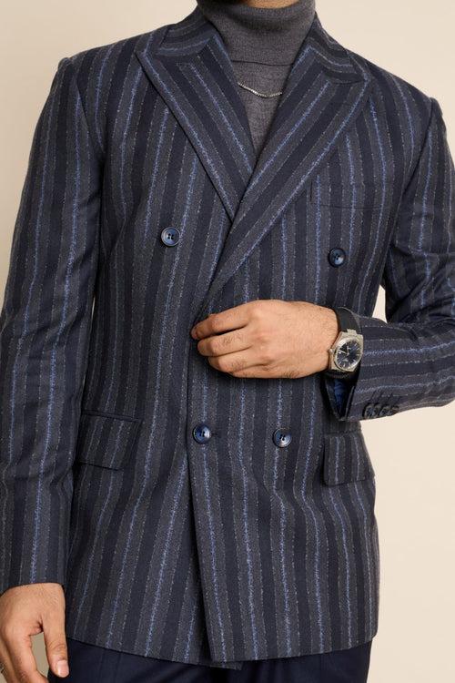 BLUE FLANNEL STRIPE DOUBLE BREASTED BLAZER