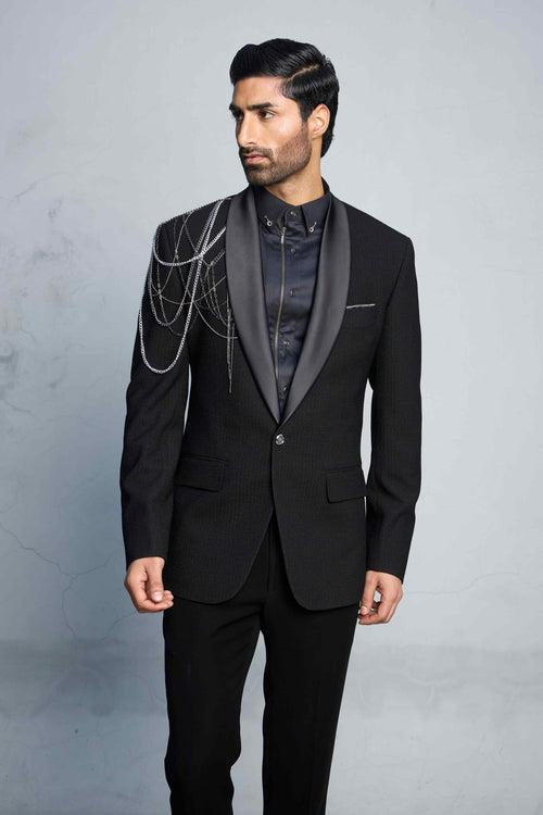 BLACK DRAPED GEAR TUXEDO SET