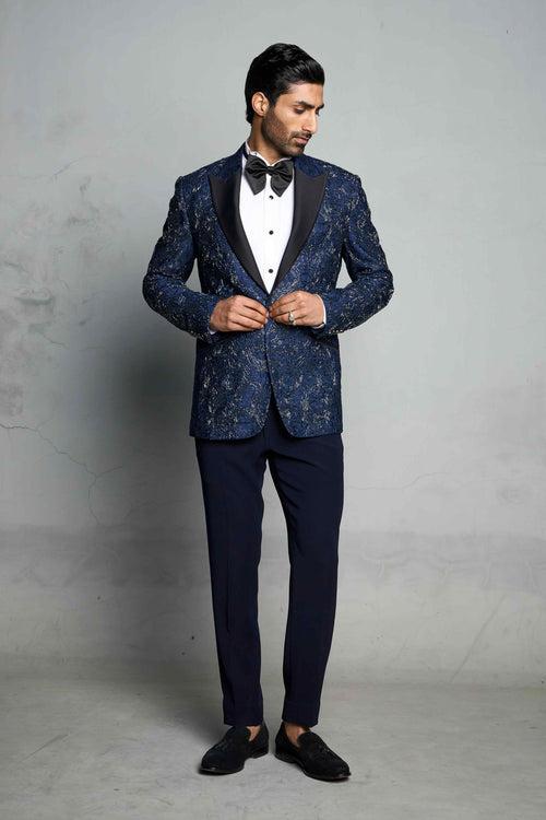 BLUE EMBOSSED JACQUARD TUXEDO SET