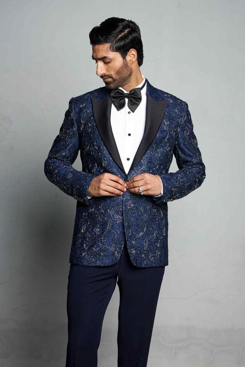 BLUE EMBOSSED JACQUARD TUXEDO SET