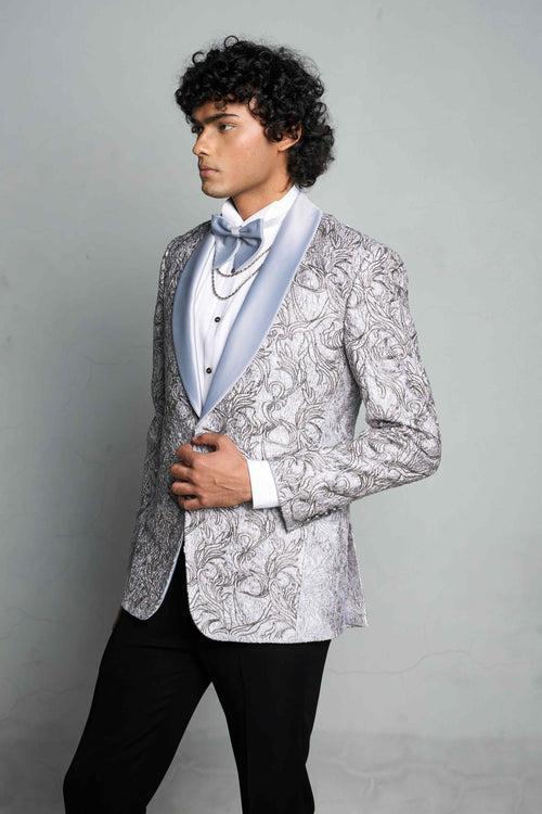 GREY EMBOSS BEADED TUXEDO SET