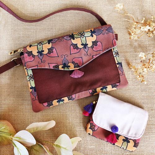 Brown Floral Sling/mini wallet Combo