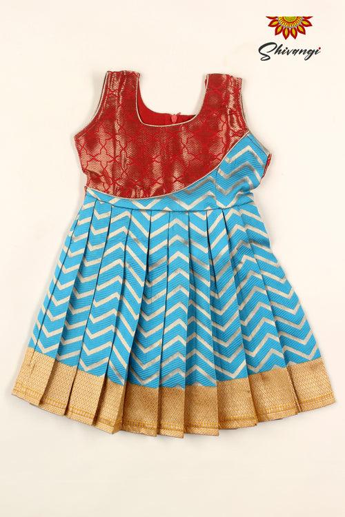 Sky Blue Golden Waves Baby Frock For Girls !!!