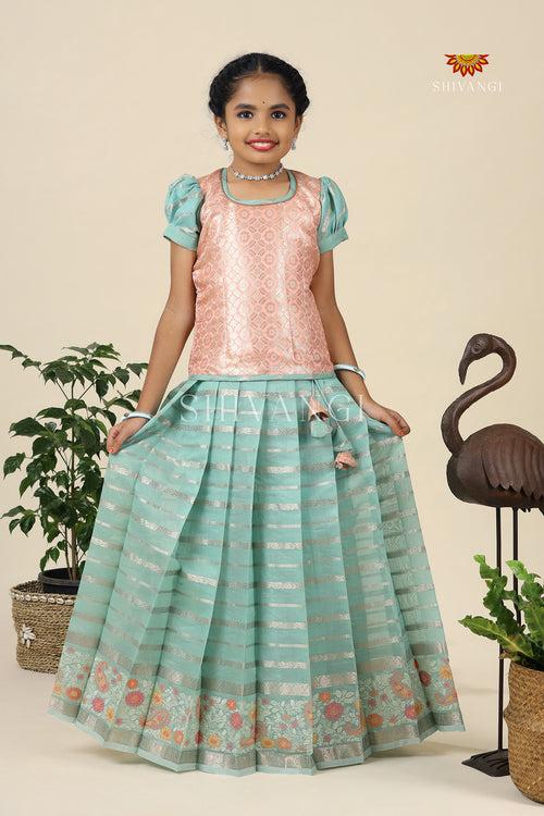 Sky Blue Floral Paisly Pattu Pavadai For Girls - Festive Wear!!!