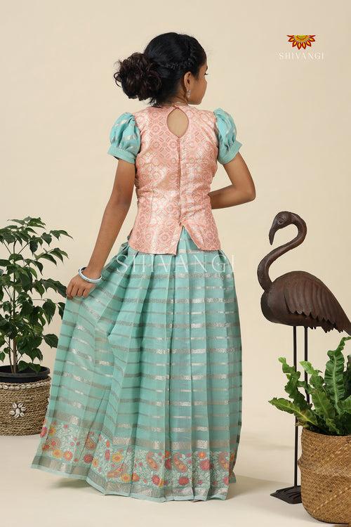 Sky Blue Floral Paisly Pattu Pavadai For Girls - Festive Wear!!!